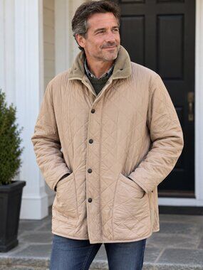 Barbour Polarquilt Long Men's XL Beige Diamond Quilted Fleece Lined Jacket